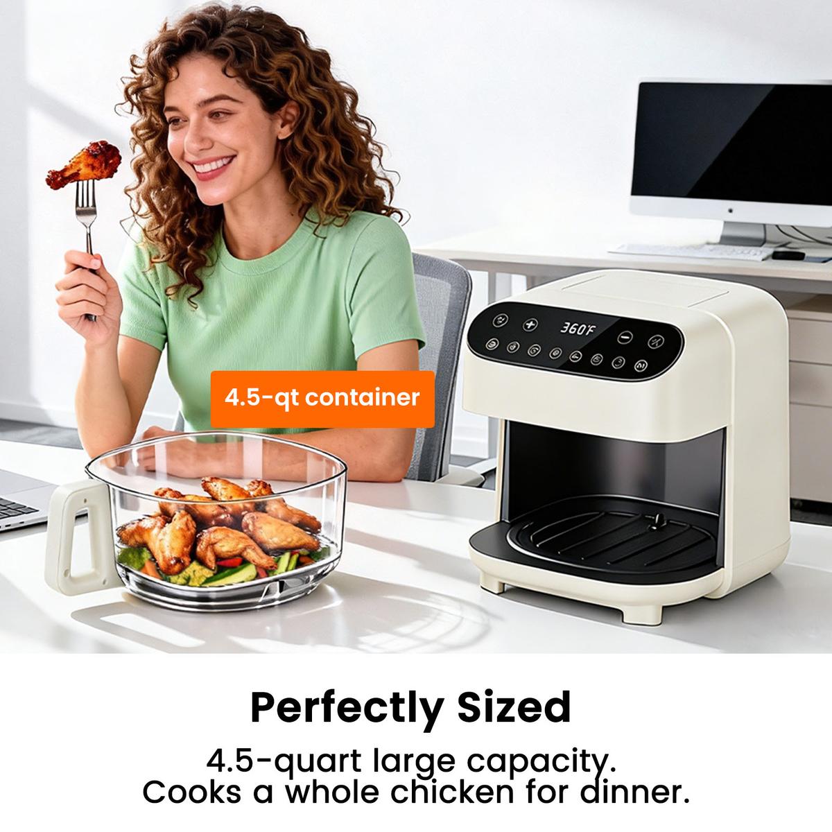 4.5 QT Glass Air Fryer with PFAS-Free Basket, Dishwasher-Safe, 8 Preset Touchscreen, 360° View Cooking, White