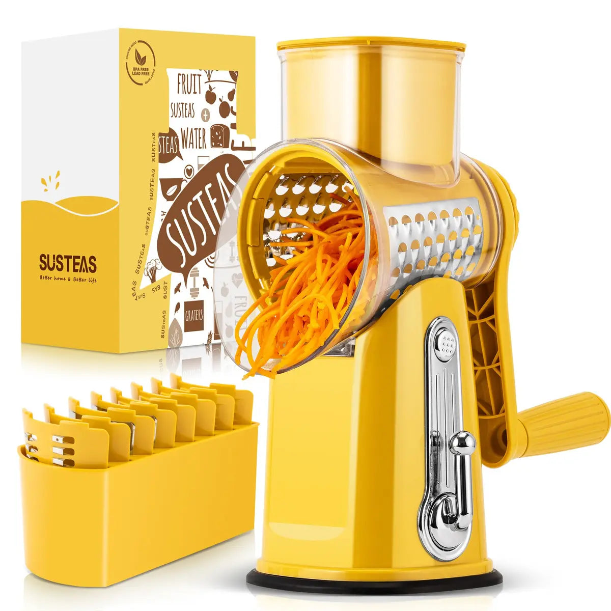 Rotary Cheese & Vegetable Grater with Handle, 5 Interchangeable Blades, Strong Suction Base, Easy Slicing, Dicing & Grating Kitchen Gadget