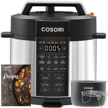 6Qt Electric Pressure Cooker 9-in-1 Multi Cooker with Rice, Sauté, Sous Vide, Sterilize Functions, 1100W Fast Cooking, Stainless Steel Body, Aluminum Inner Pot, Includes Recipe Book for Easy Home Meals
