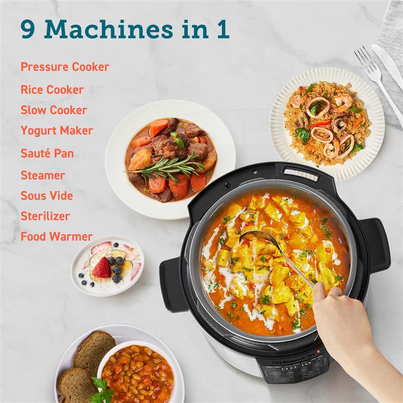 6Qt Electric Pressure Cooker 9-in-1 Multi Cooker with Rice, Sauté, Sous Vide, Sterilize Functions, 1100W Fast Cooking, Stainless Steel Body, Aluminum Inner Pot, Includes Recipe Book for Easy Home Meals