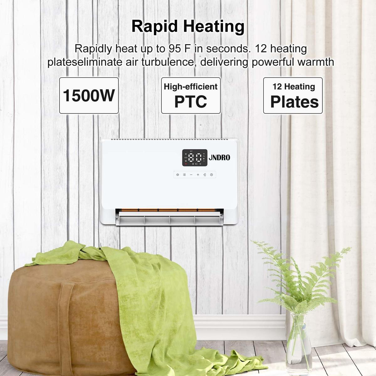 1500W Wall Mounted Electric Heater, Fast Heating Indoor Panel Heater with Oscillation, 24-Hour Timer & Overheat Protection for Bedroom, Bathroom, Office
