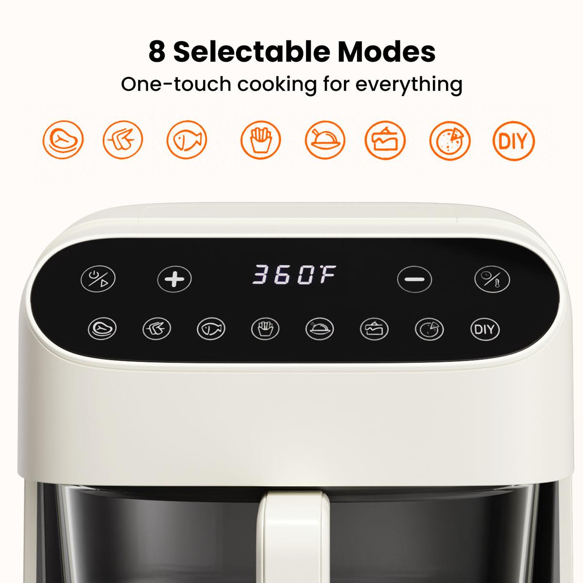 4.5 QT Glass Air Fryer with PFAS-Free Basket, Dishwasher-Safe, 8 Preset Touchscreen, 360° View Cooking, White
