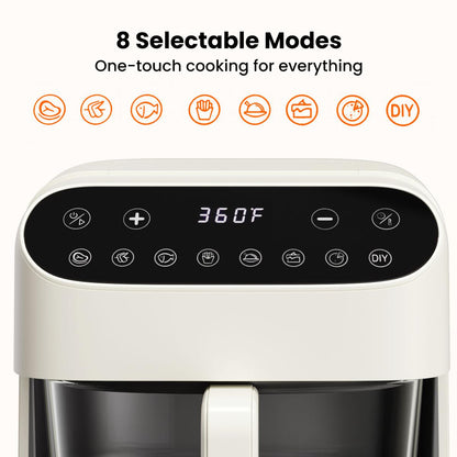 4.5 QT Glass Air Fryer with PFAS-Free Basket, Dishwasher-Safe, 8 Preset Touchscreen, 360° View Cooking, White
