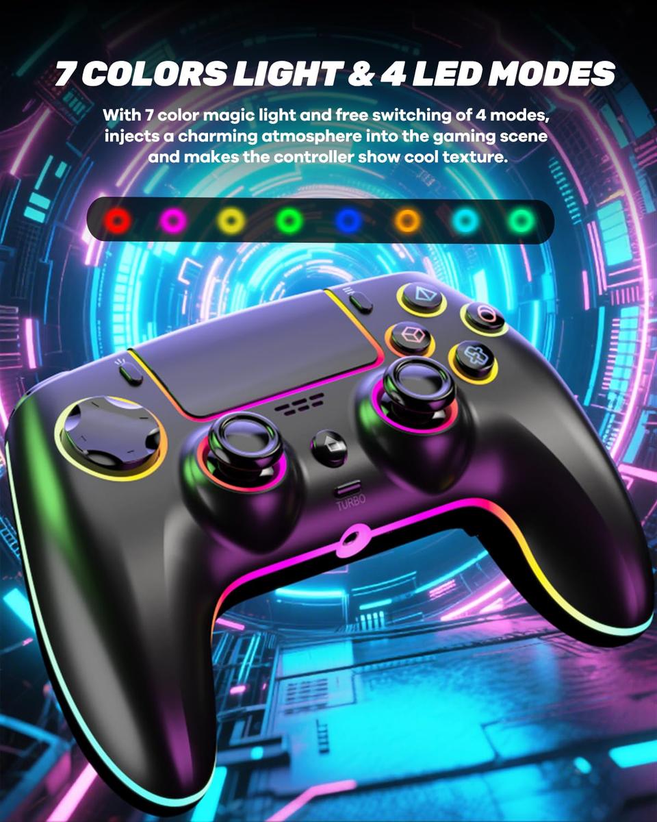 Wireless Controller for PS-5/PC/MAC/iOS/Android/Steam Deck, RGB Light, Hall Effect Joystick, Dual Vibration, Turbo