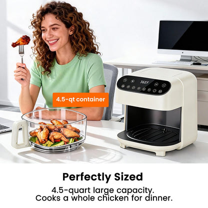 4.5 QT Glass Air Fryer with PFAS-Free Basket, Dishwasher-Safe, 8 Preset Touchscreen, 360° View Cooking, White