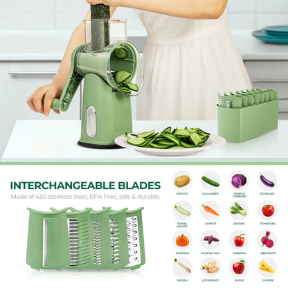 Rotary Cheese & Vegetable Grater with Handle, 5 Interchangeable Blades, Strong Suction Base, Easy Slicing, Dicing & Grating Kitchen Gadget