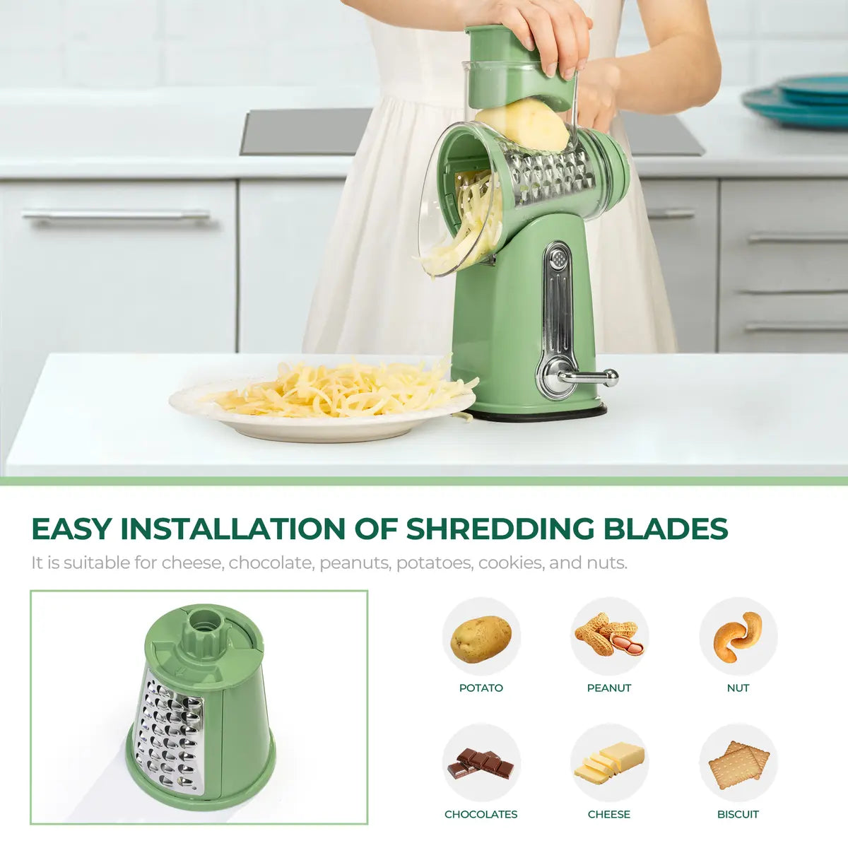 Rotary Cheese & Vegetable Grater with Handle, 5 Interchangeable Blades, Strong Suction Base, Easy Slicing, Dicing & Grating Kitchen Gadget