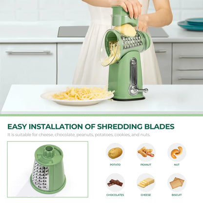 Rotary Cheese & Vegetable Grater with Handle, 5 Interchangeable Blades, Strong Suction Base, Easy Slicing, Dicing & Grating Kitchen Gadget