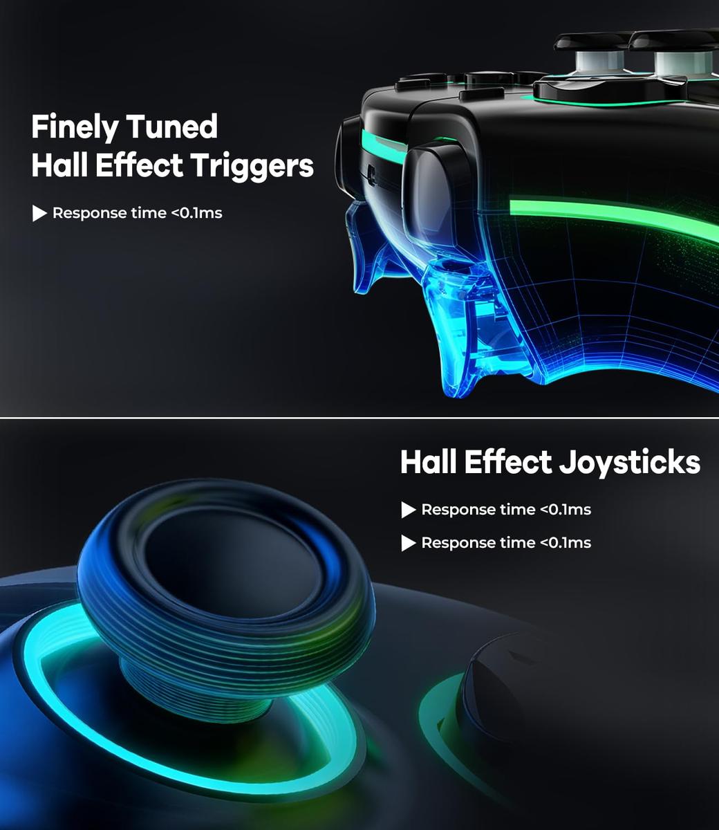 Wireless Controller for PS-5/PC/MAC/iOS/Android/Steam Deck, RGB Light, Hall Effect Joystick, Dual Vibration, Turbo