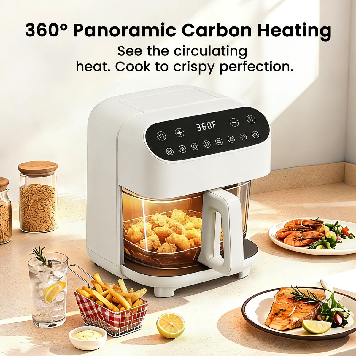 4.5 QT Glass Air Fryer with PFAS-Free Basket, Dishwasher-Safe, 8 Preset Touchscreen, 360° View Cooking, White