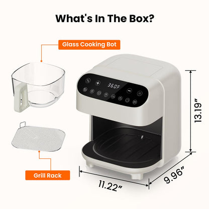 4.5 QT Glass Air Fryer with PFAS-Free Basket, Dishwasher-Safe, 8 Preset Touchscreen, 360° View Cooking, White