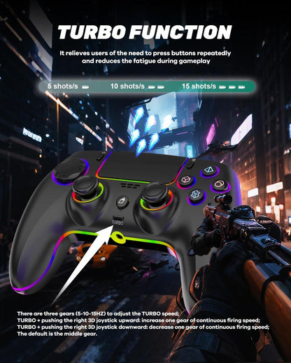 Wireless Controller for PS-5/PC/MAC/iOS/Android/Steam Deck, RGB Light, Hall Effect Joystick, Dual Vibration, Turbo