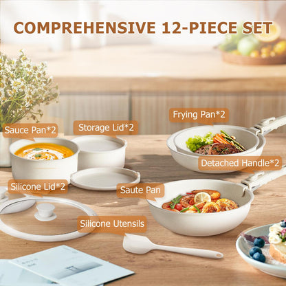 12-Piece Nonstick Pots and Pans Set with Detachable Handle, Induction Compatible Cookware, Oven & Dishwasher Safe Stackable Kitchen Cooking Set for Easy Storage
