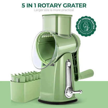 Rotary Cheese & Vegetable Grater with Handle, 5 Interchangeable Blades, Strong Suction Base, Easy Slicing, Dicing & Grating Kitchen Gadget