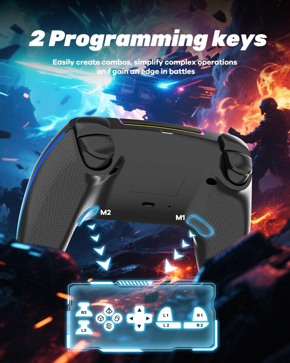 Wireless Controller for PS-5/PC/MAC/iOS/Android/Steam Deck, RGB Light, Hall Effect Joystick, Dual Vibration, Turbo