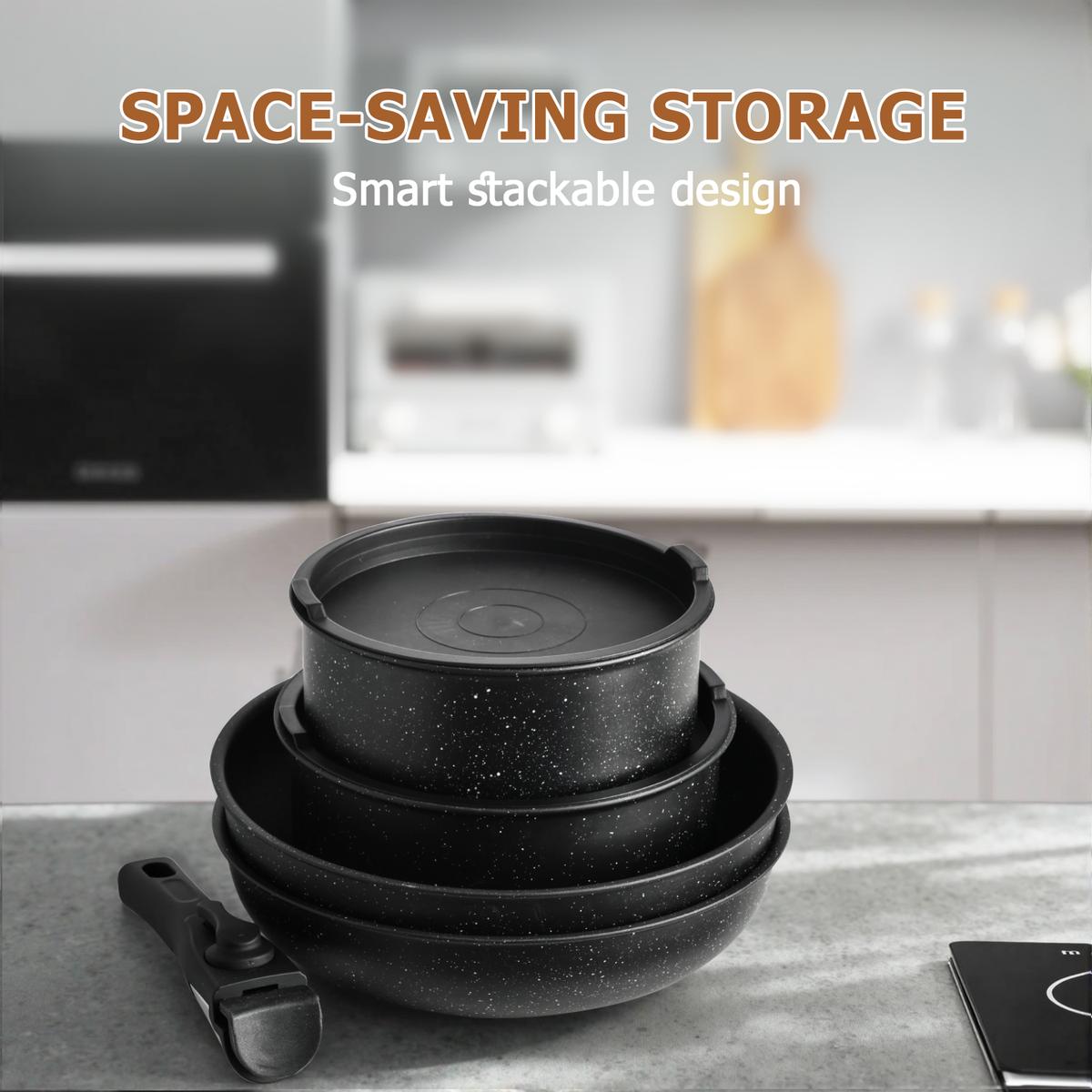 12-Piece Nonstick Pots and Pans Set with Detachable Handle, Induction Compatible Cookware, Oven & Dishwasher Safe Stackable Kitchen Cooking Set for Easy Storage