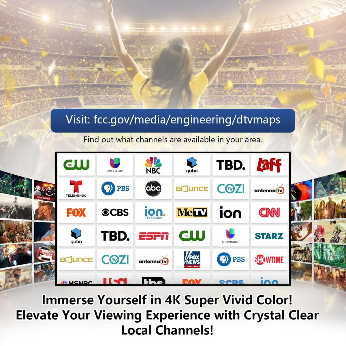 2026 Digital TV Antenna for Smart TV, 360° Reception, 4K HDTV, Long Range, Easy Install, Indoor Antenna for Local Channels, No Cable Needed, Compatible with 1080P TVs, 3M Stick Base