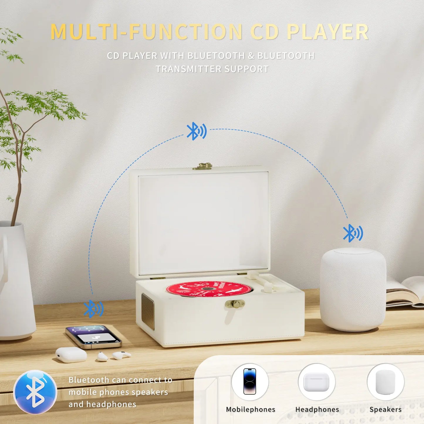 Rechargeable Leather CD Player with Bluetooth, Built-in Speakers, Perfect for Home Decor & Festivals, Stylish BGM Music Player for Any Space