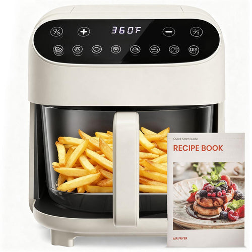 4.5 QT Glass Air Fryer with PFAS-Free Basket, Dishwasher-Safe, 8 Preset Touchscreen, 360° View Cooking, White