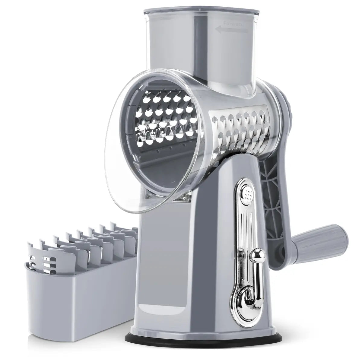 Rotary Cheese & Vegetable Grater with Handle, 5 Interchangeable Blades, Strong Suction Base, Easy Slicing, Dicing & Grating Kitchen Gadget