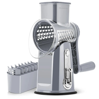 Rotary Cheese & Vegetable Grater with Handle, 5 Interchangeable Blades, Strong Suction Base, Easy Slicing, Dicing & Grating Kitchen Gadget