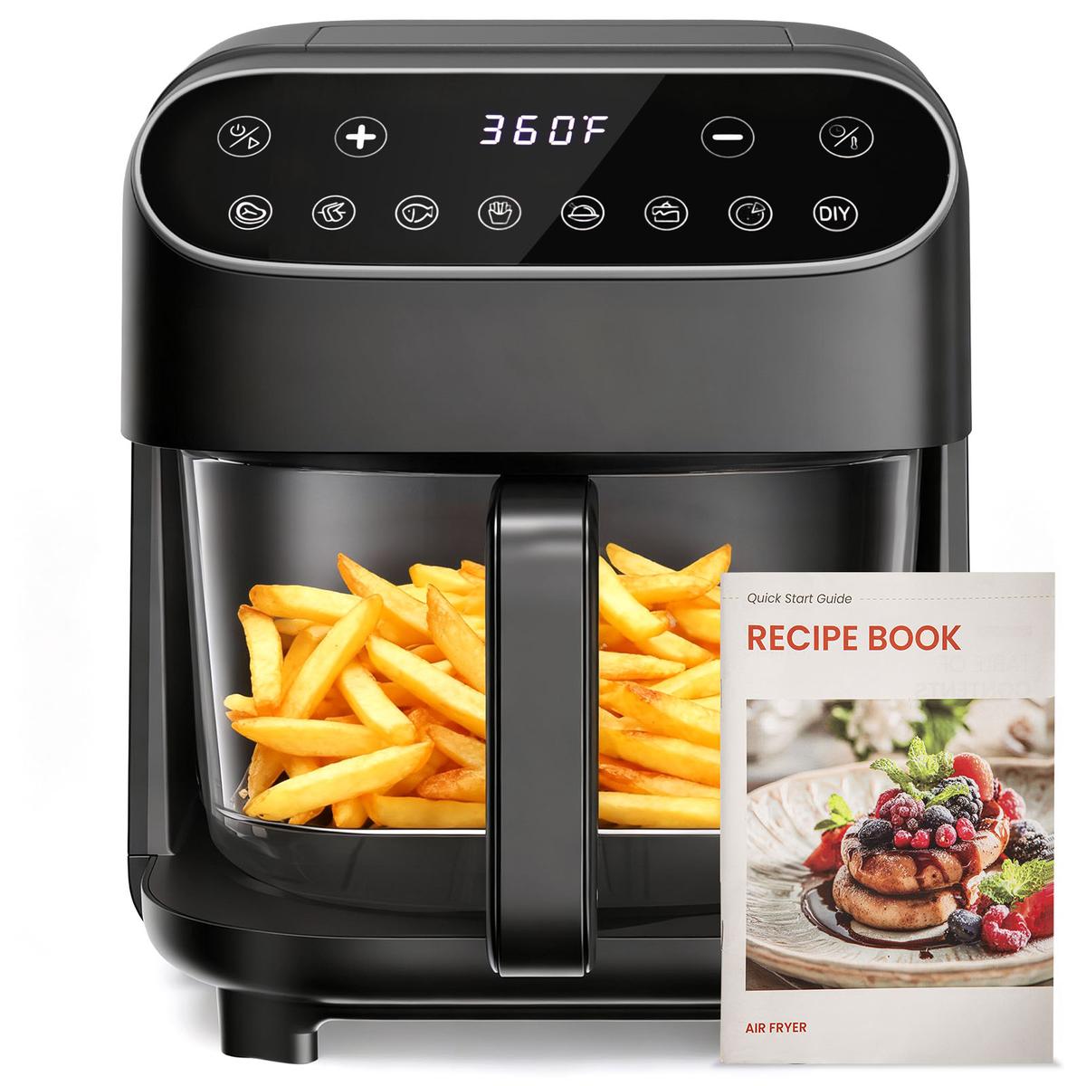 4.5 QT Glass Air Fryer with PFAS-Free Basket, Dishwasher-Safe, 8 Preset Touchscreen, 360° View Cooking, White