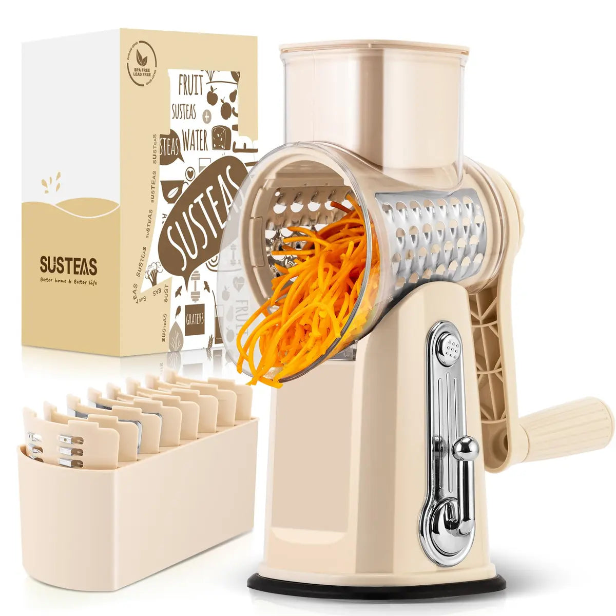 Rotary Cheese & Vegetable Grater with Handle, 5 Interchangeable Blades, Strong Suction Base, Easy Slicing, Dicing & Grating Kitchen Gadget