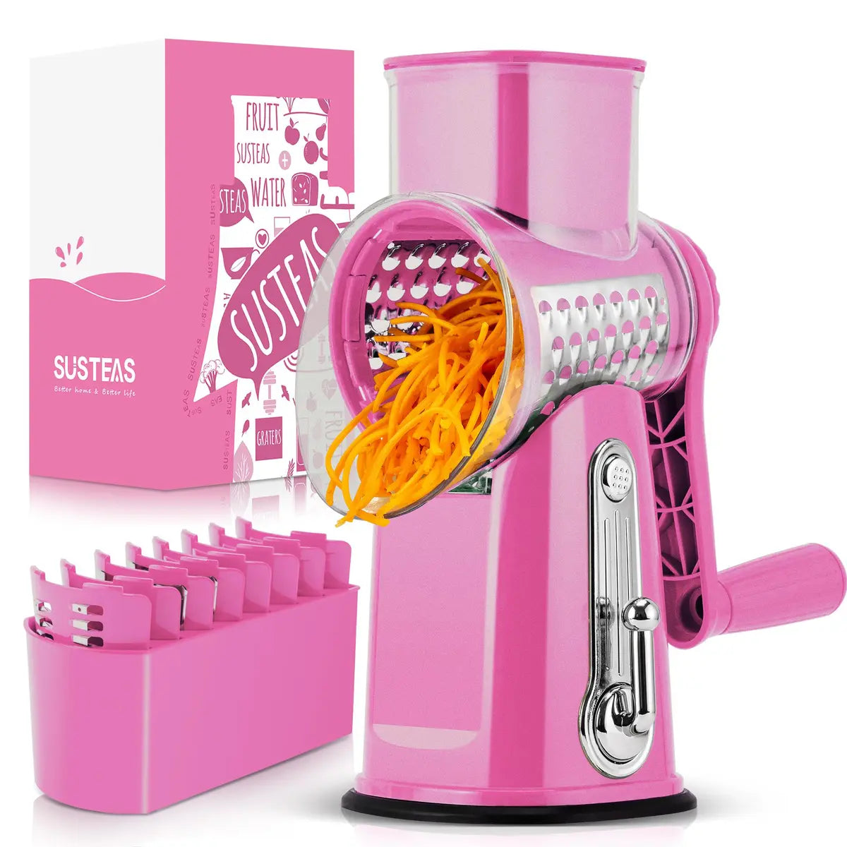 Rotary Cheese & Vegetable Grater with Handle, 5 Interchangeable Blades, Strong Suction Base, Easy Slicing, Dicing & Grating Kitchen Gadget