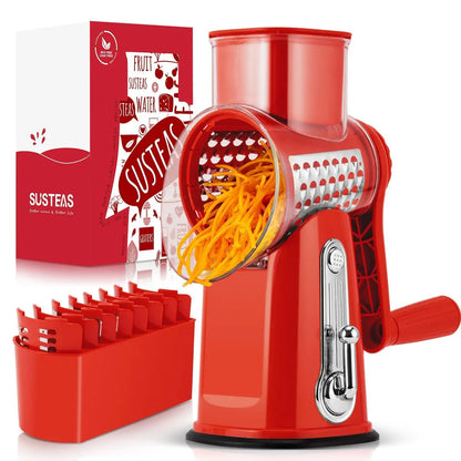 Rotary Cheese & Vegetable Grater with Handle, 5 Interchangeable Blades, Strong Suction Base, Easy Slicing, Dicing & Grating Kitchen Gadget