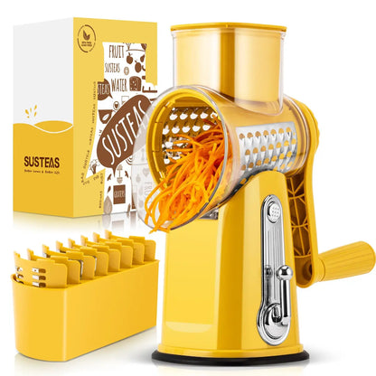 Rotary Cheese & Vegetable Grater with Handle, 5 Interchangeable Blades, Strong Suction Base, Easy Slicing, Dicing & Grating Kitchen Gadget