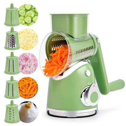 Rotary Cheese & Vegetable Grater with Handle, 5 Interchangeable Blades, Strong Suction Base, Easy Slicing, Dicing & Grating Kitchen Gadget