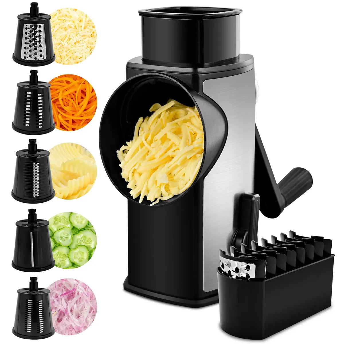 Rotary Cheese & Vegetable Grater with Handle, 5 Interchangeable Blades, Strong Suction Base, Easy Slicing, Dicing & Grating Kitchen Gadget